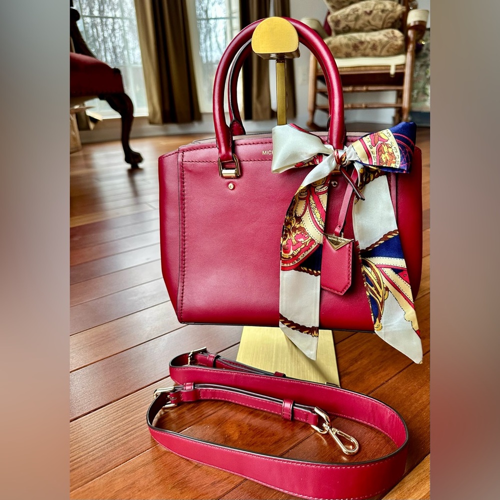 Michael Kors Deep Red Leather Satchel with Scarf and detachable Crossbody Strap. - Picture 2 of 11